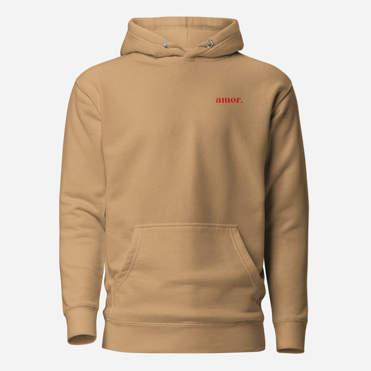 Khaki hoodie with small red amor chest lettering, front view.