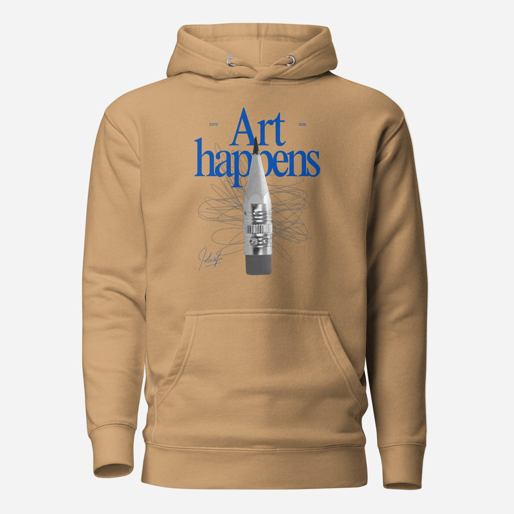 Khaki hoodie, front view with blue "Art Happens" lettering, a pencil and scribbled lines.