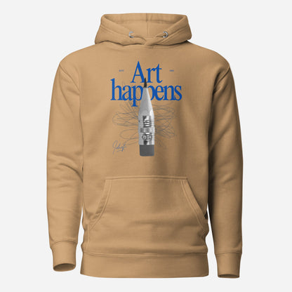 Khaki hoodie, front view with blue "Art Happens" lettering, a pencil and scribbled lines.