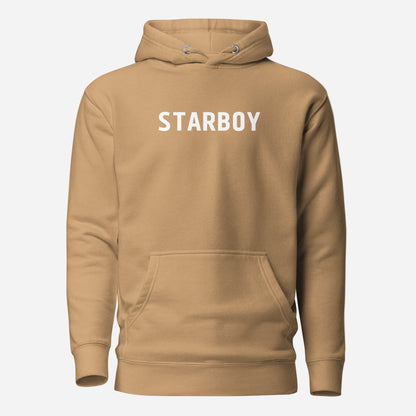 Khaki hoodie, front view, with white 'STARBOY' lettering.