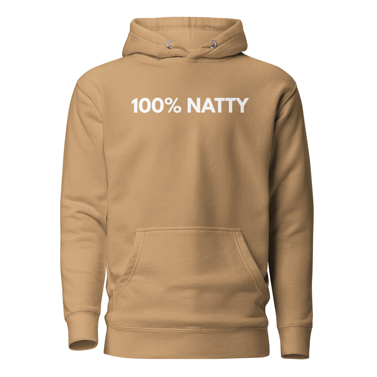 Khaki hoodie with white 100% Natty lettering, front view.