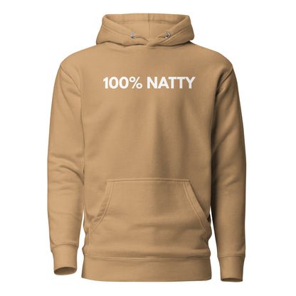 Khaki hoodie with white 100% Natty lettering, front view.