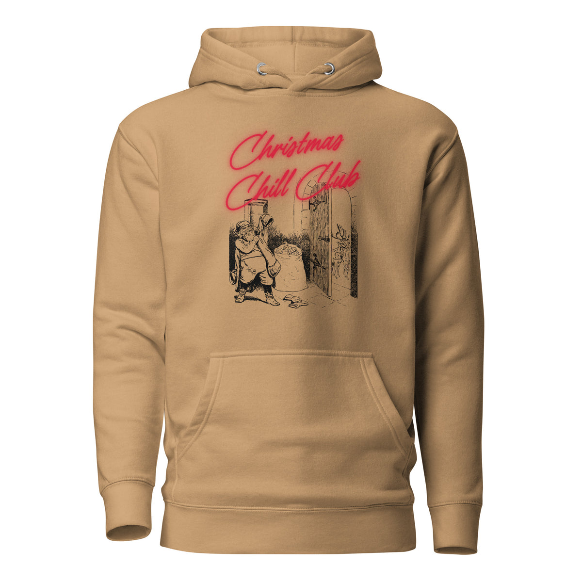 Khaki hoodie, front view with a black-and-white Santa illustration and red "Christmas Chill Club" script.