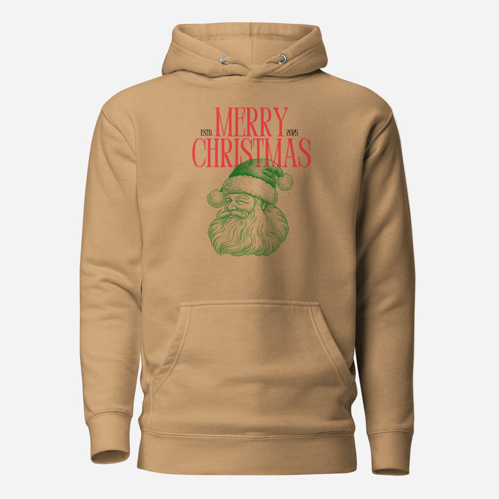 Khaki hoodie with red Merry Christmas 2025 text and green Santa face, front view.