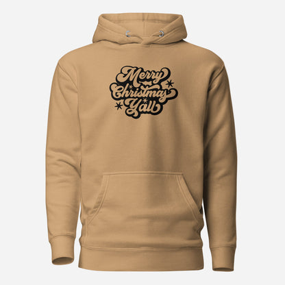 Khaki hoodie with black Merry Christmas Y'all script lettering, front view.