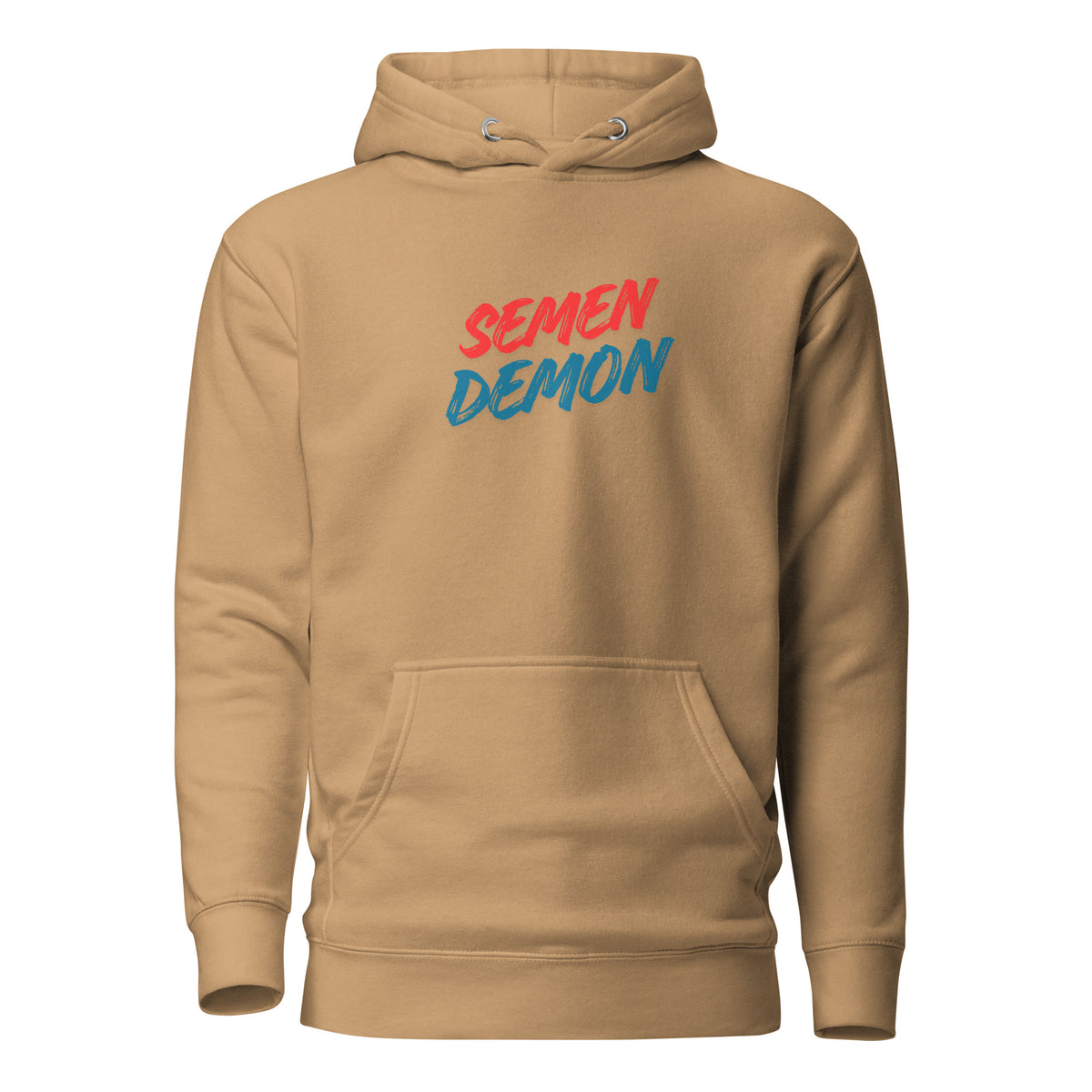 Khaki hoodie with red and blue Semen Demon lettering, front view.