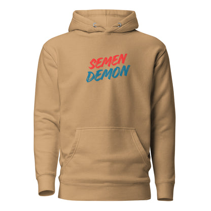 Khaki hoodie with red and blue Semen Demon lettering, front view.