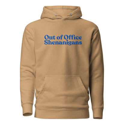 Khaki hoodie, front view with blue Out of Office Shenanigans lettering.