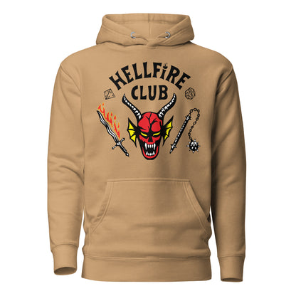 Khaki hoodie, front view with Hellfire Club lettering and a red horned-face graphic.