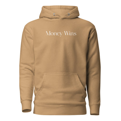 Khaki hoodie with white Money Wins lettering, front view.