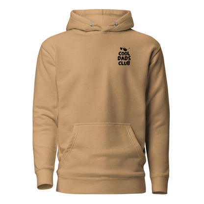 Khaki hoodie with small black Cool Dads Club chest lettering, front view.