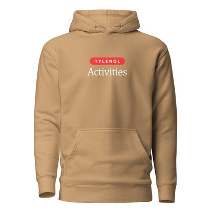 Khaki hoodie with white Tylenol Activities lettering and a red capsule shape, front view.