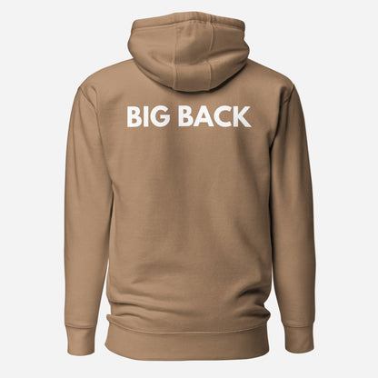 Latte hoodie with white Big Back lettering, back view.