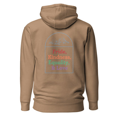 Latte hoodie, back view with a mountain outline and colorful "Pride, Kindness, Equality, & Love" lettering.