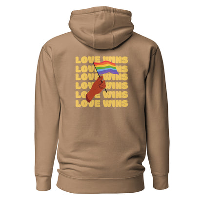 Latte hoodie, back view with a hand waving a rainbow flag over yellow "Love Wins" lettering.