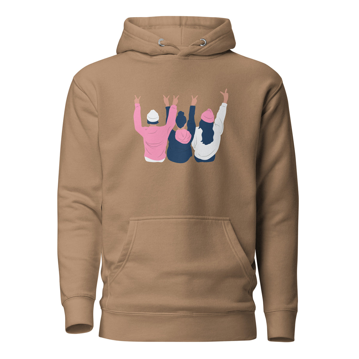Latte hoodie, front view with an illustration of three figures raising peace signs.