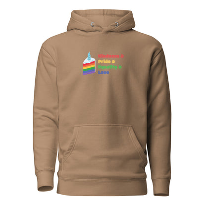 Latte hoodie, front view with a rainbow graphic and colorful "Kindness & Pride & Equality & Love" lettering.