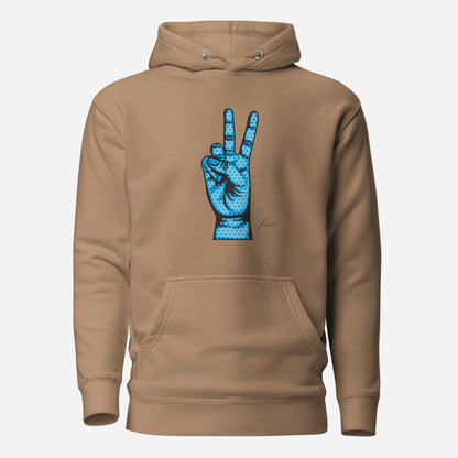 Latte hoodie, front view, with an illustrated blue hand making a peace sign.