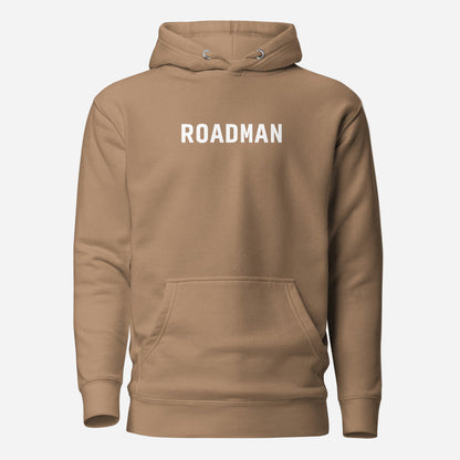 Latte hoodie, front view with white "ROADMAN" lettering.