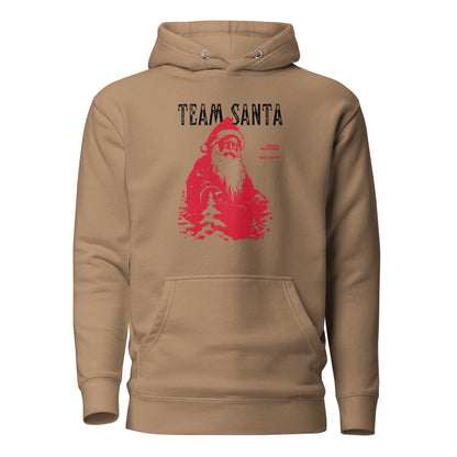 Latte hoodie, front view with a red Santa illustration and black "Team Santa" lettering.