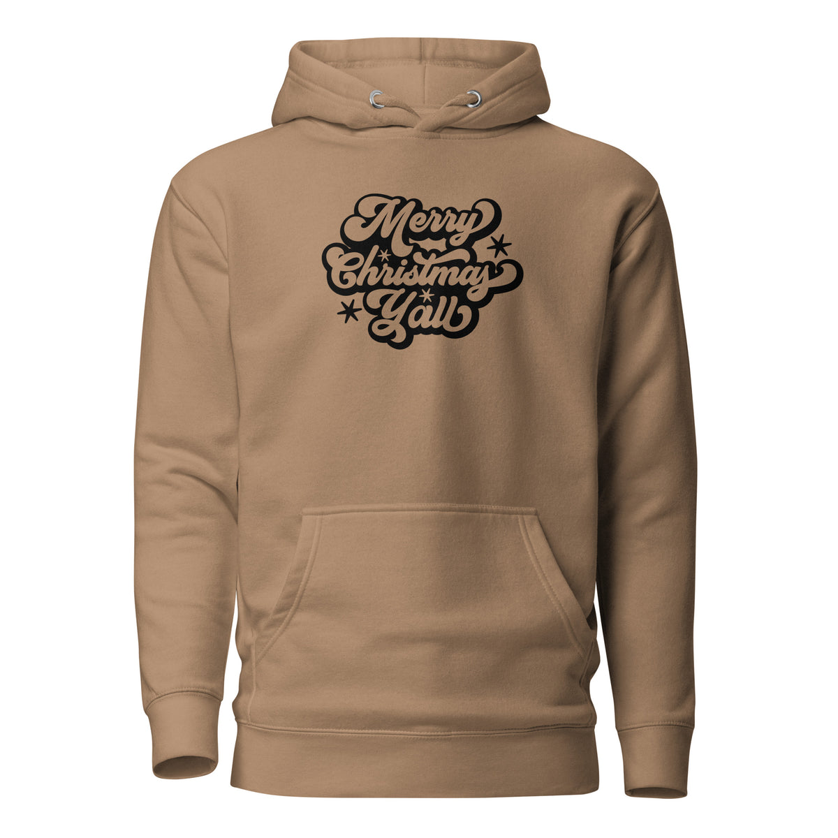 Latte hoodie with black Merry Christmas Y'all script lettering, front view.