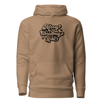 Latte hoodie with black Merry Christmas Y'all script lettering, front view.