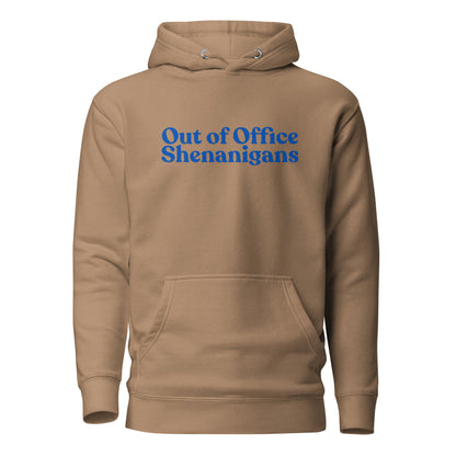 Latte hoodie, front view with blue Out of Office Shenanigans lettering.