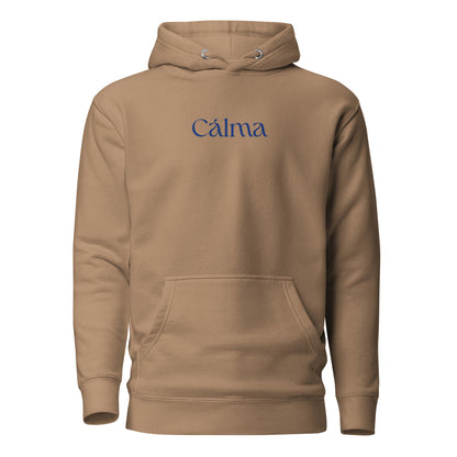 Latte hoodie with blue Calma lettering, front view.