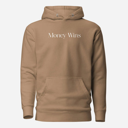 Latte hoodie with white Money Wins lettering, front view.