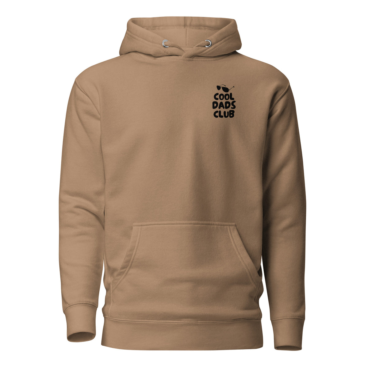 Latte hoodie with small black Cool Dads Club chest lettering, front view.