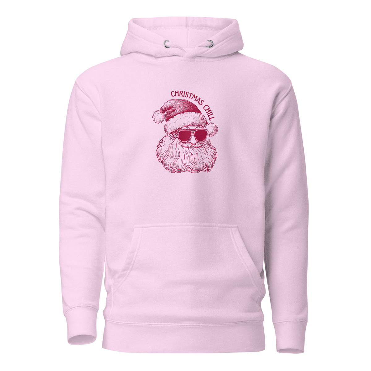 Lavender hoodie, front view with a burgundy Santa face wearing sunglasses and "Christmas Chill" lettering.