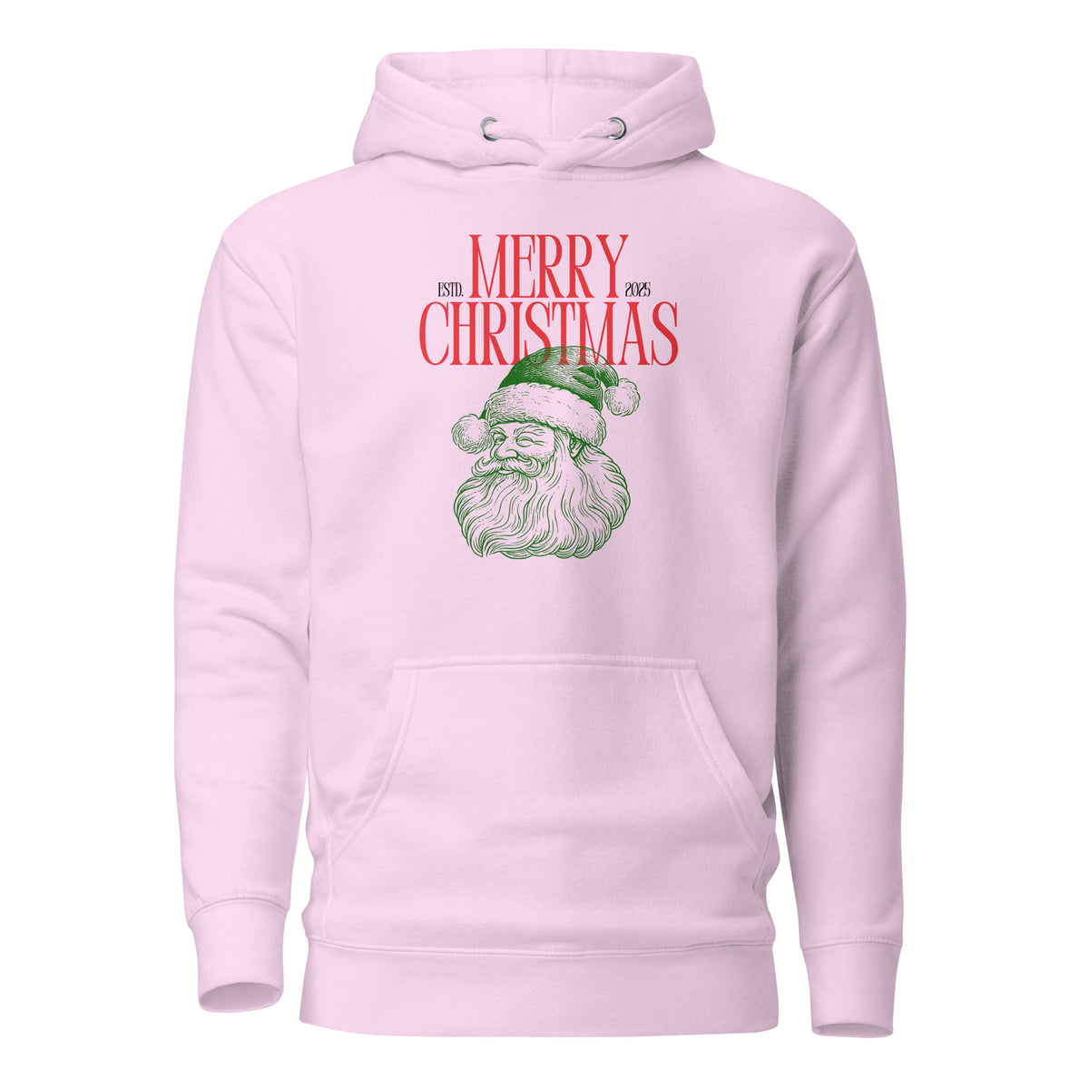 Lavender hoodie with red Merry Christmas 2025 text and green Santa face, front view.