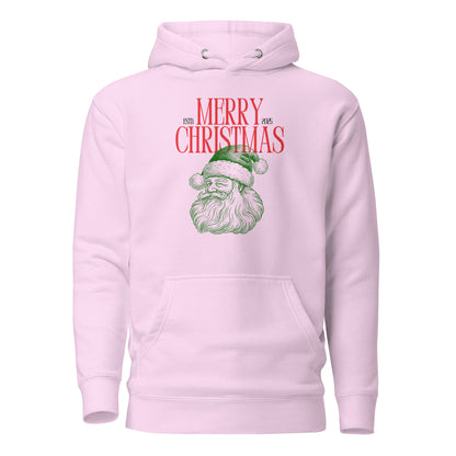 Lavender hoodie with red Merry Christmas 2025 text and green Santa face, front view.