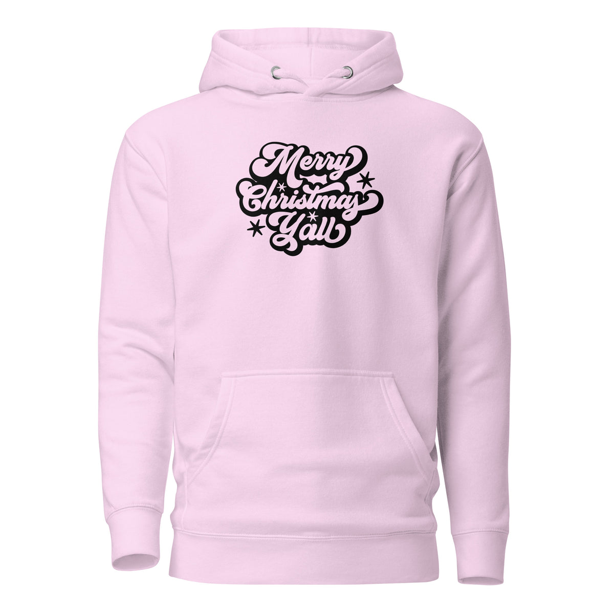 Lavender hoodie with black Merry Christmas Y'all script lettering, front view.