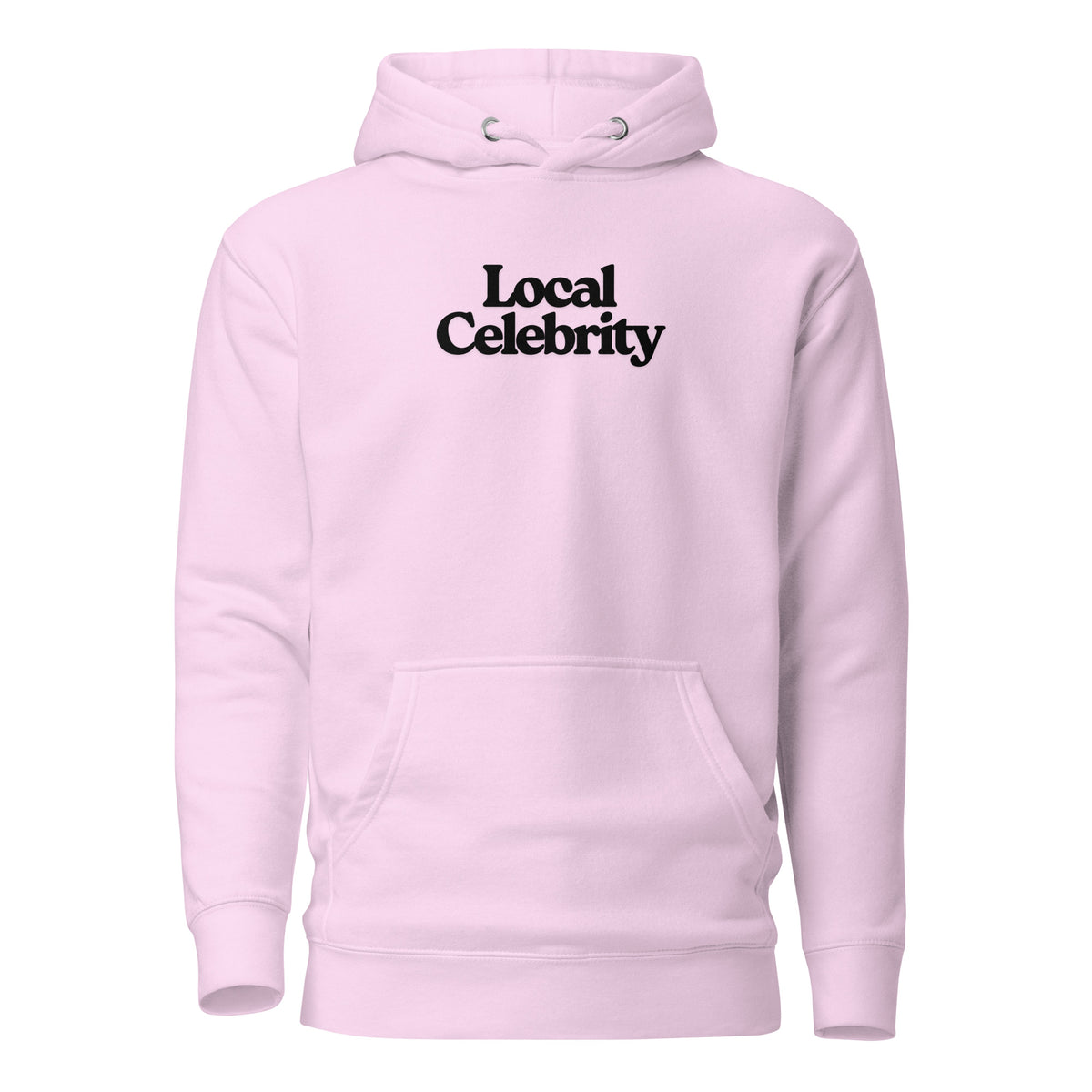 Lavender hoodie, front view with black Local Celebrity lettering.