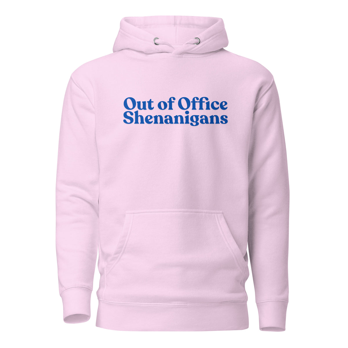 Lavender hoodie, front view with blue Out of Office Shenanigans lettering.