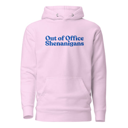 Lavender hoodie, front view with blue Out of Office Shenanigans lettering.