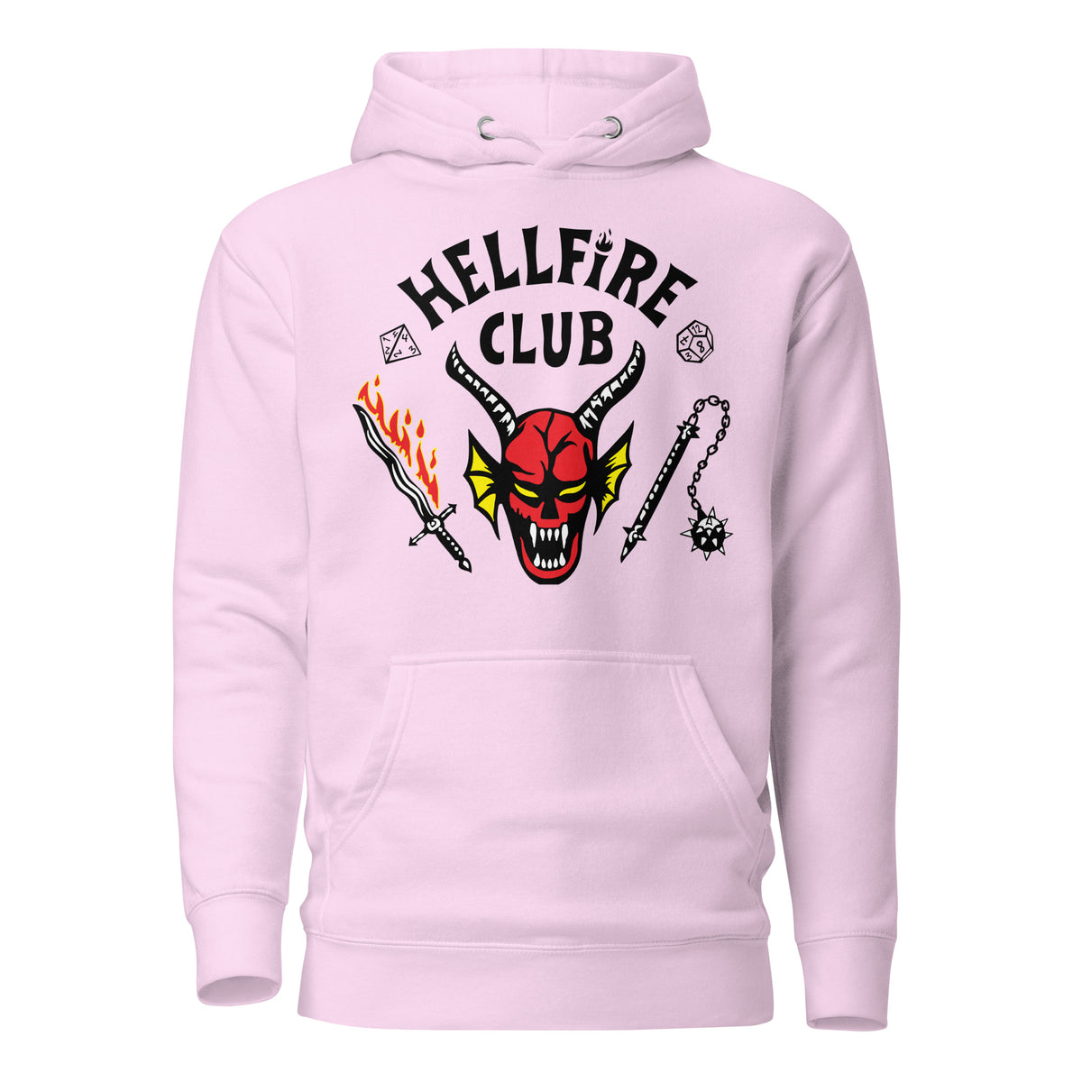 Lavender hoodie, front view with Hellfire Club lettering and a red horned-face graphic.