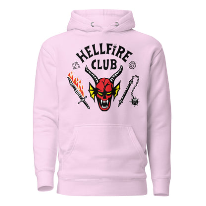 Lavender hoodie, front view with Hellfire Club lettering and a red horned-face graphic.
