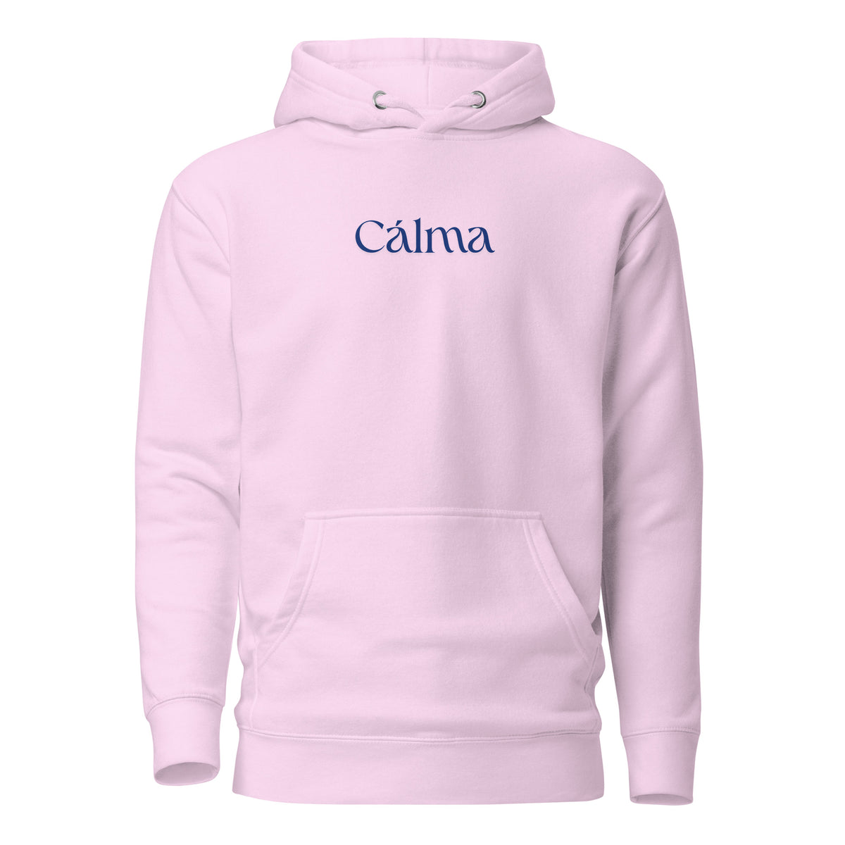 Lavender hoodie with blue Calma lettering, front view.