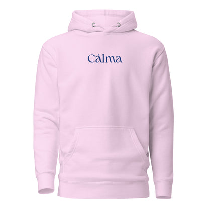 Lavender hoodie with blue Calma lettering, front view.