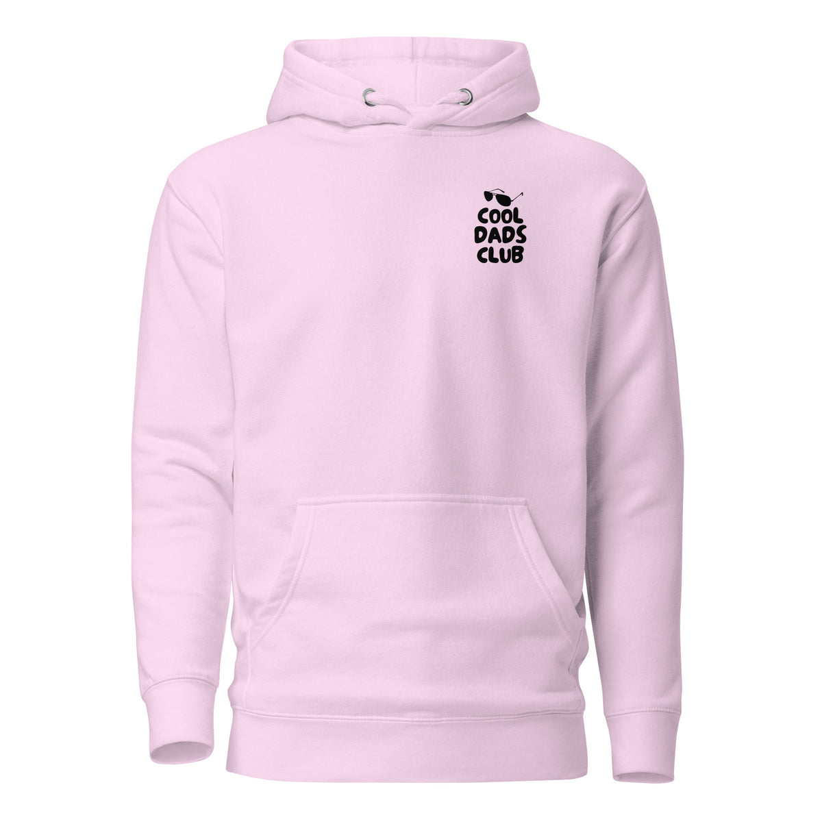 Lavender hoodie with small black Cool Dads Club chest lettering, front view.