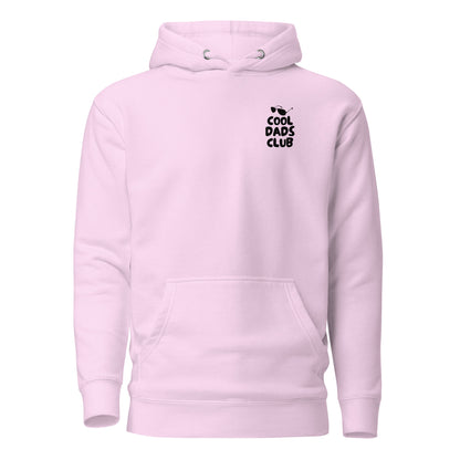 Lavender hoodie with small black Cool Dads Club chest lettering, front view.