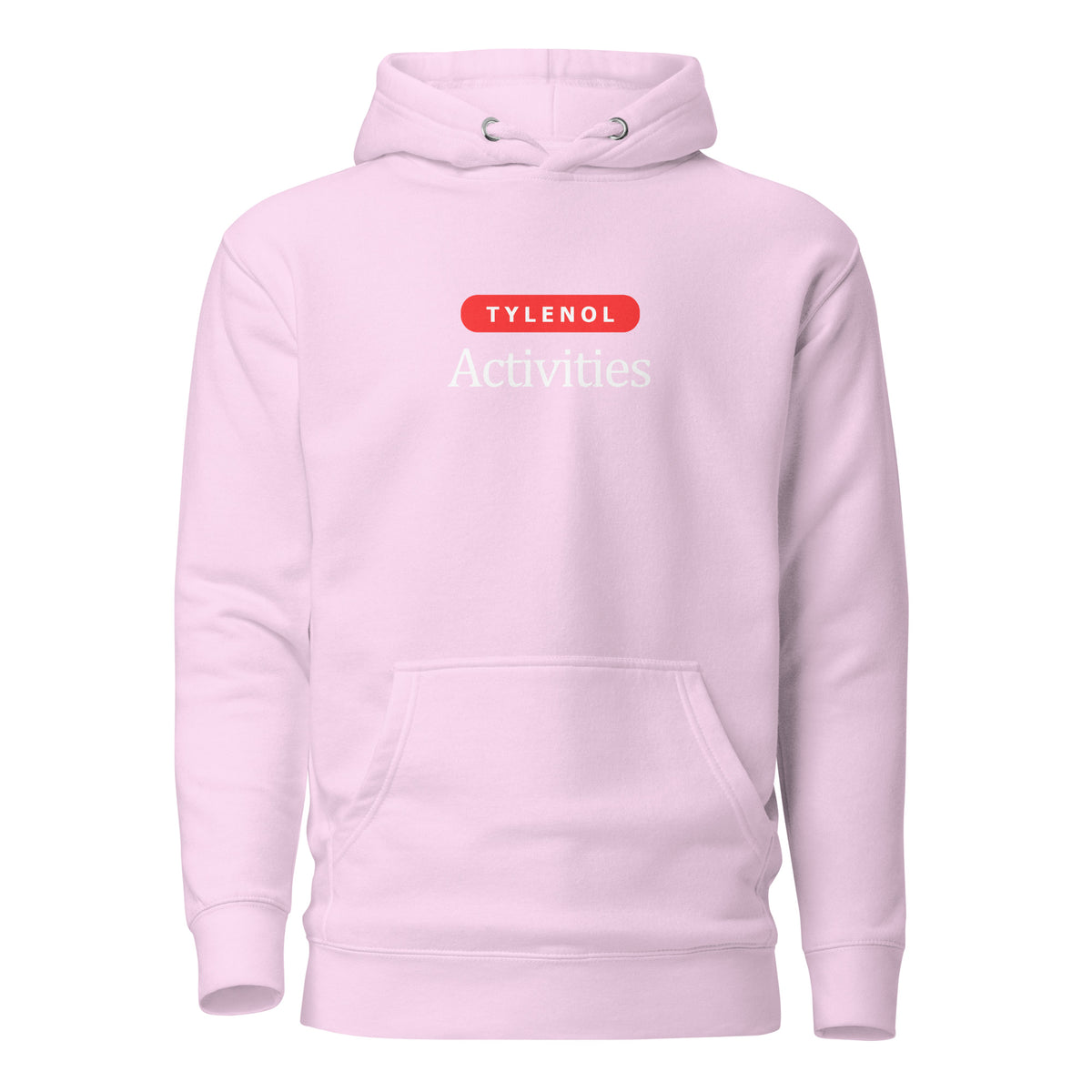 Lavender hoodie with white Tylenol Activities lettering and a red capsule shape, front view.