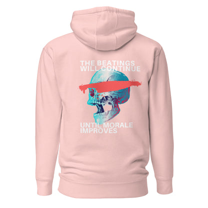 Light Pink hoodie with a blue skull, red bar and The Beatings Will Continue text, back view.