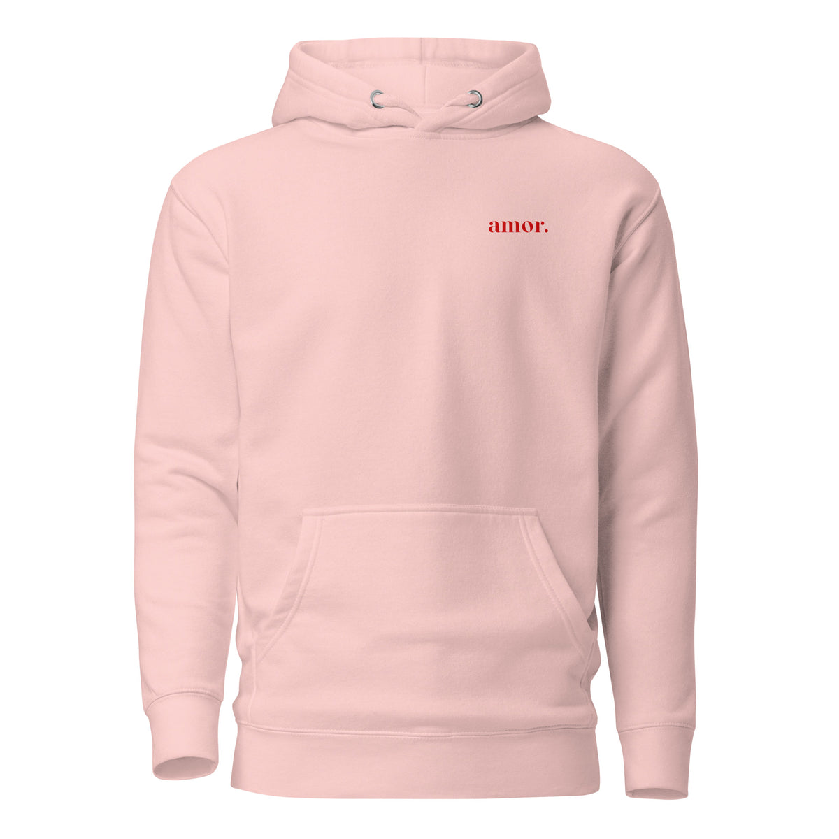 Light Pink hoodie with small red amor chest lettering, front view.