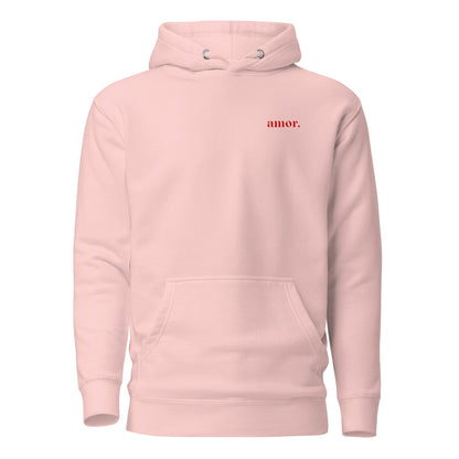 Light Pink hoodie with small red amor chest lettering, front view.
