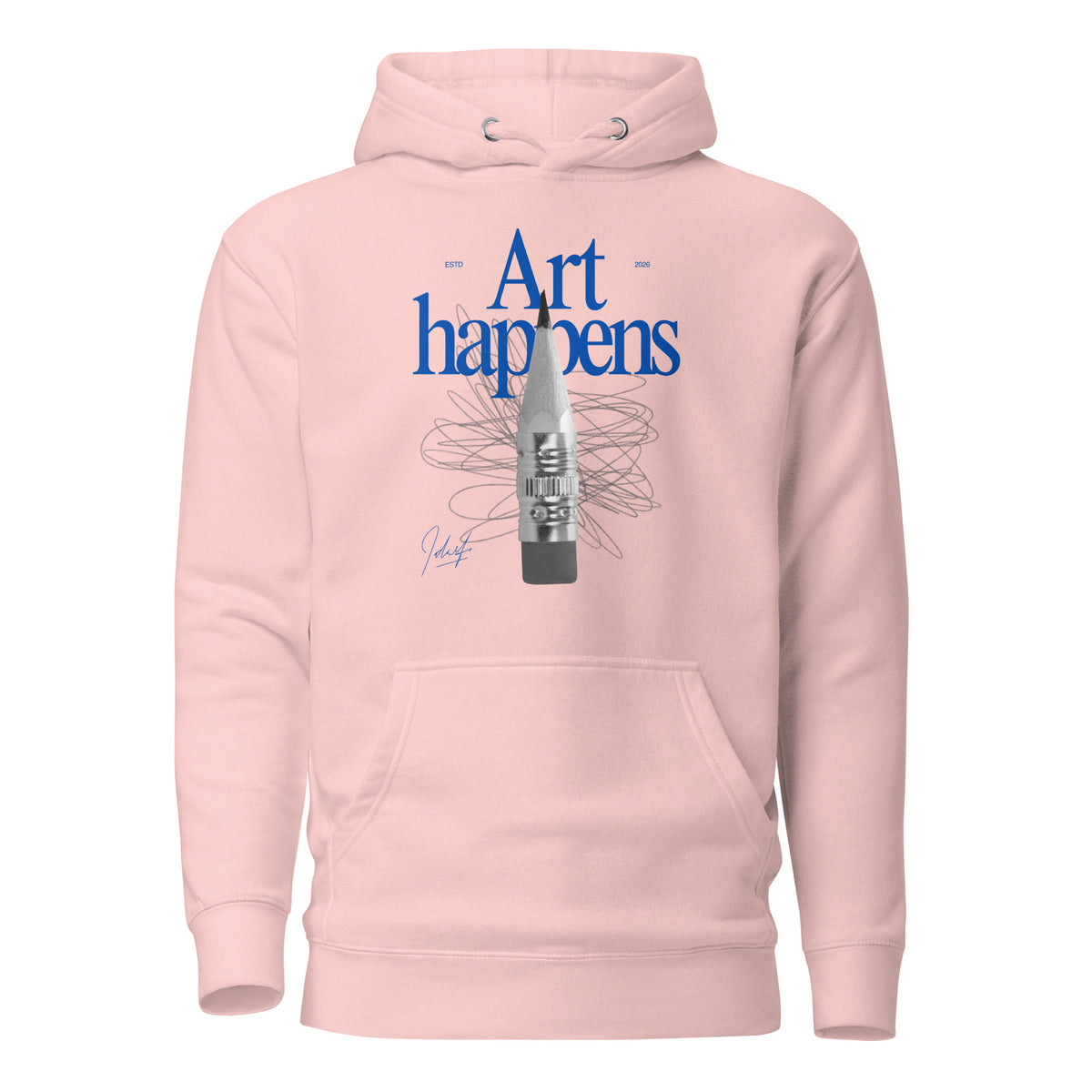Light Pink hoodie, front view with blue "Art Happens" lettering, a pencil and scribbled lines.