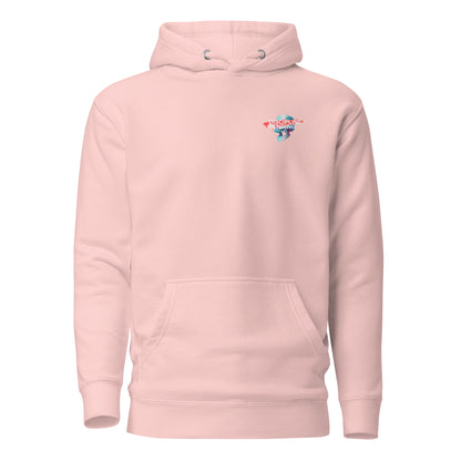 Light Pink hoodie with a small blue skull graphic with red bar, front view.
