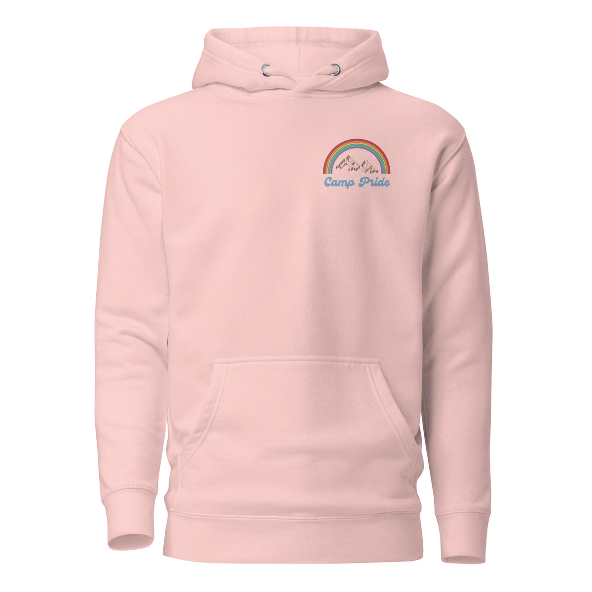 Light Pink hoodie, front view with a rainbow-and-mountain "Camp Pride" chest graphic.